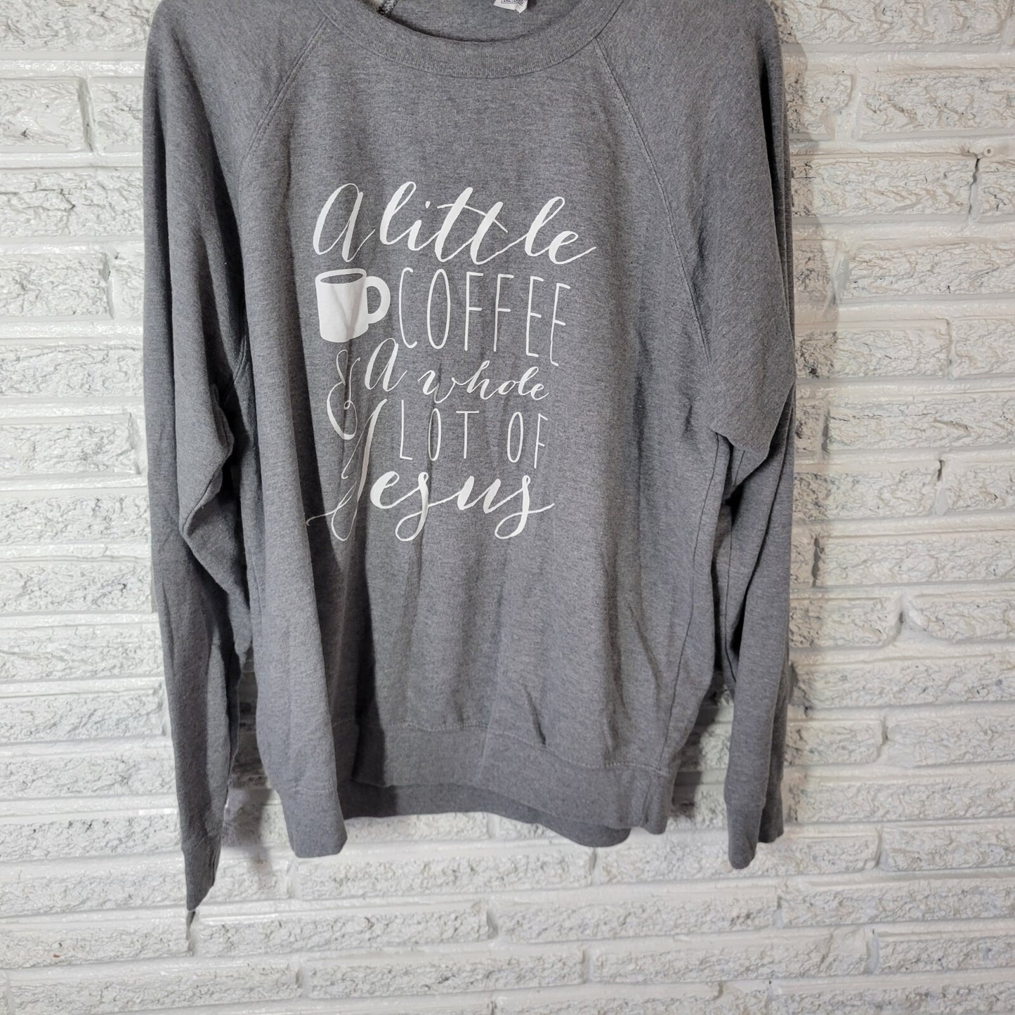 Womens Sweatshirt 2XL Plus Long Sleeve Gray Christian Little Coffee Lot of Jesus