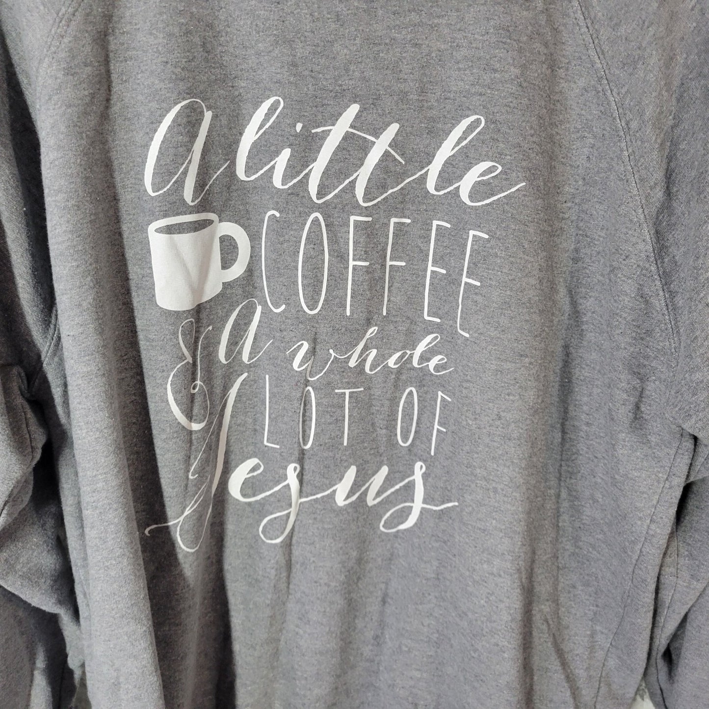 Womens Sweatshirt 2XL Plus Long Sleeve Gray Christian Little Coffee Lot of Jesus