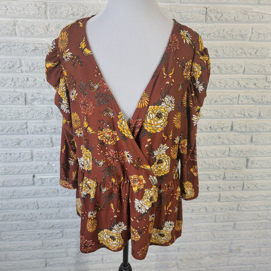 Kristin Nicole Womens Top 1X Plus 3/4 Sleeve Brown Floral Poly Blend Lightweight