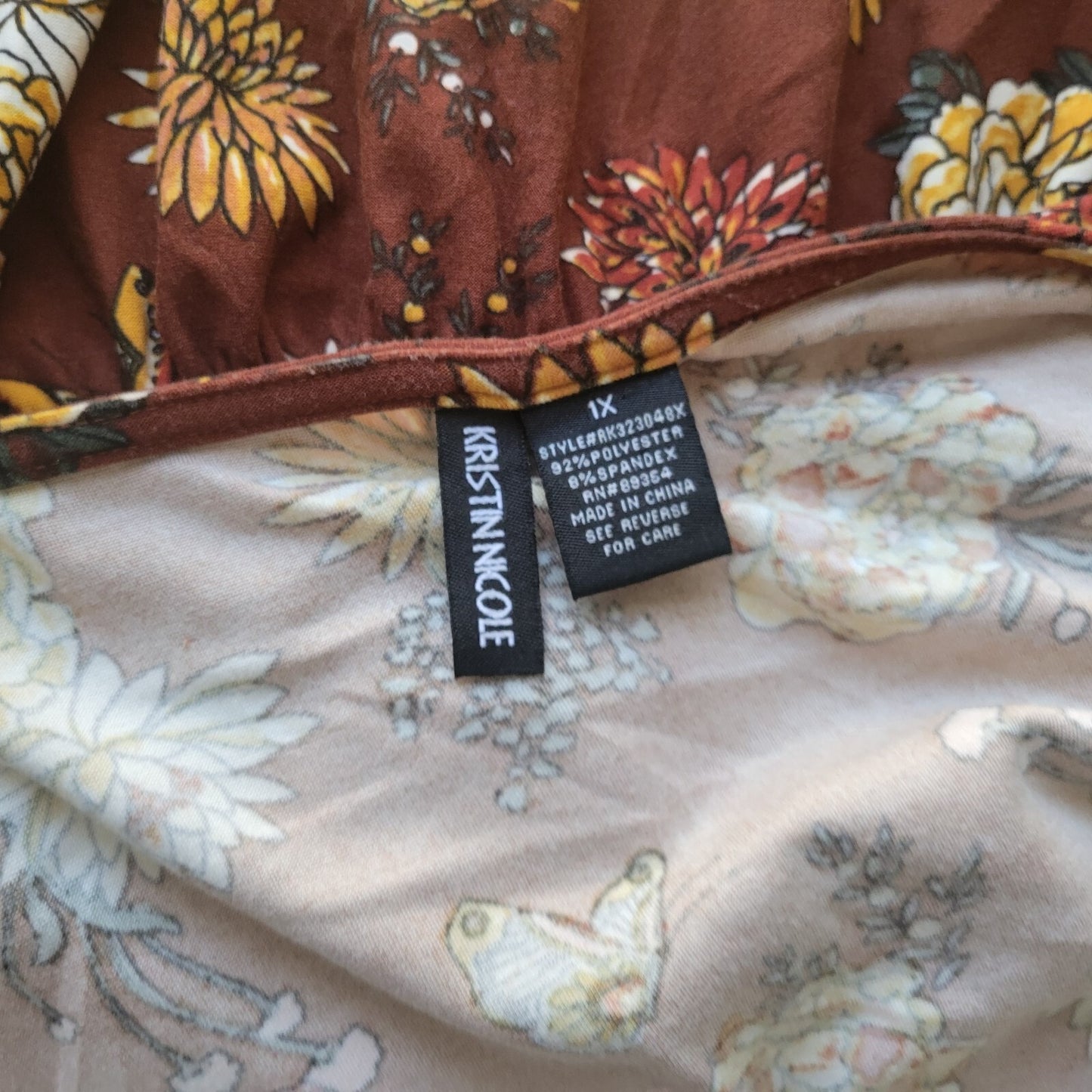 Kristin Nicole Womens Top 1X Plus 3/4 Sleeve Brown Floral Poly Blend Lightweight