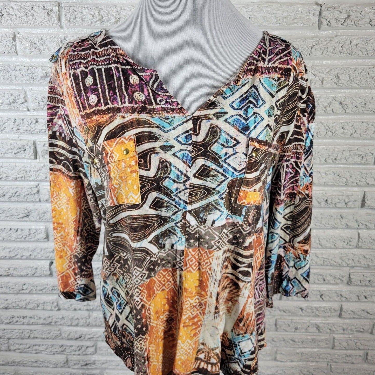 Chicos Womens Top 3 Standard XL 3/4 Sleeve Brown Geometric Pockets Casual Cotton