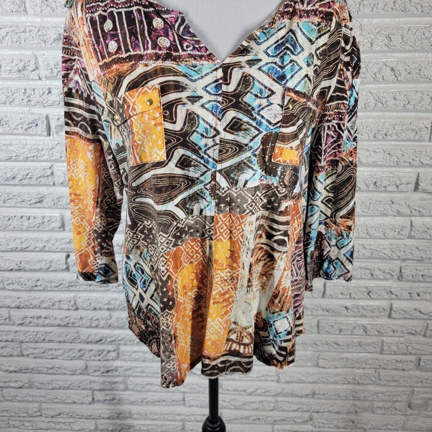 Chicos Womens Top 3 Standard XL 3/4 Sleeve Brown Geometric Pockets Casual Cotton