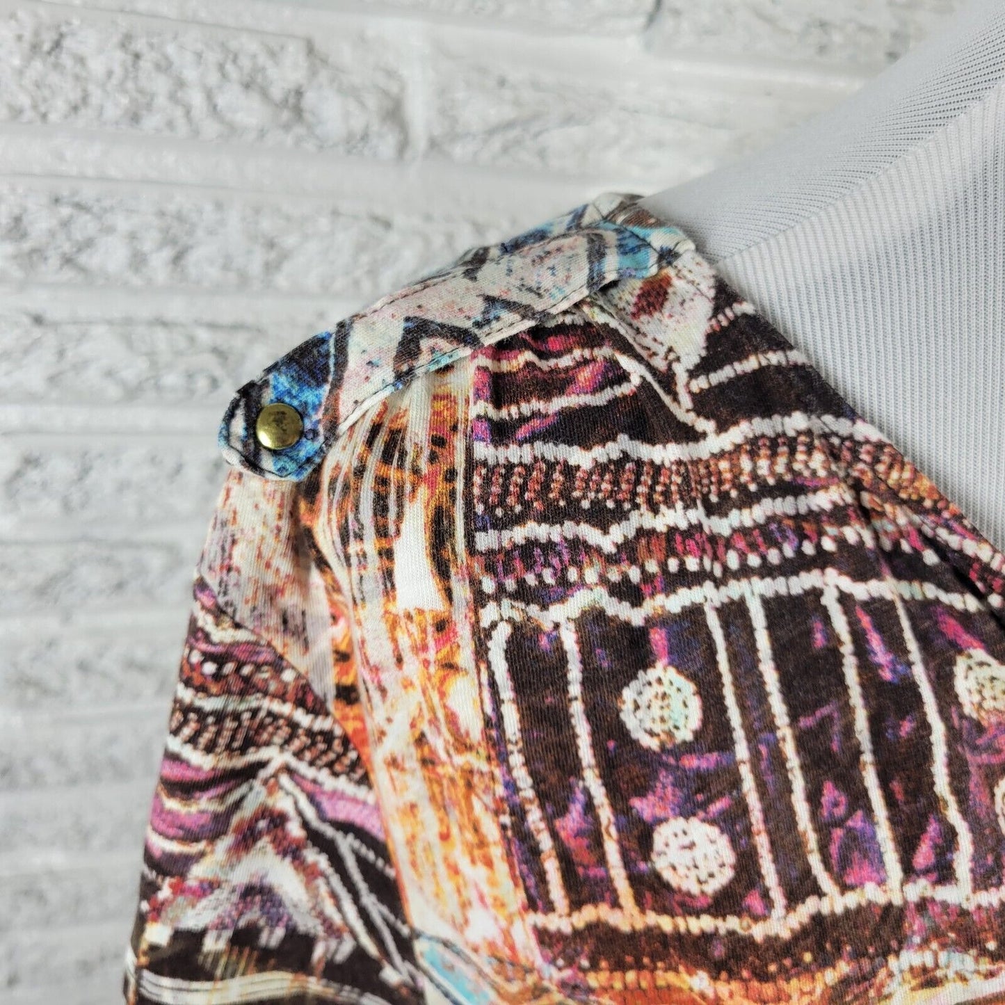 Chicos Womens Top 3 Standard XL 3/4 Sleeve Brown Geometric Pockets Casual Cotton