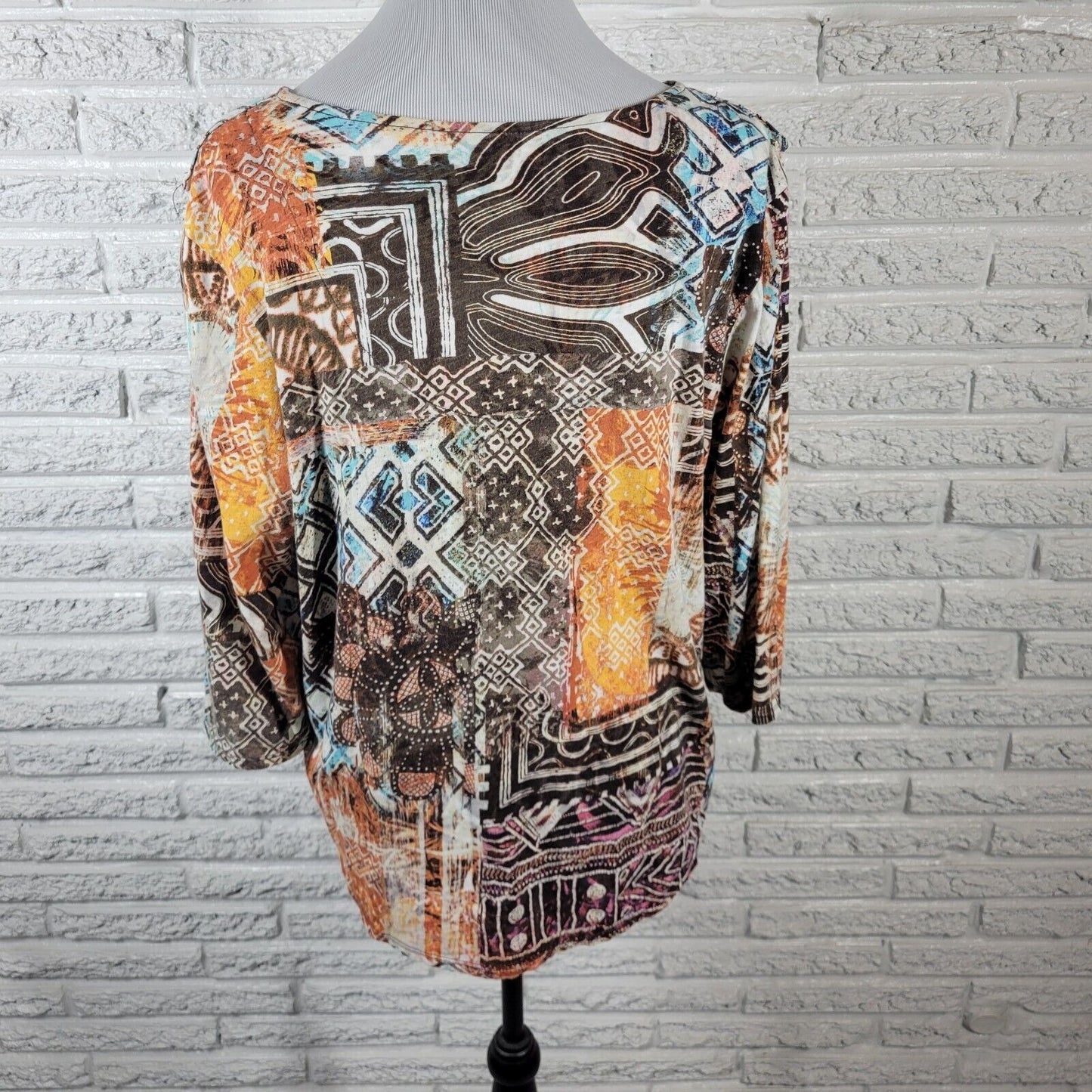 Chicos Womens Top 3 Standard XL 3/4 Sleeve Brown Geometric Pockets Casual Cotton