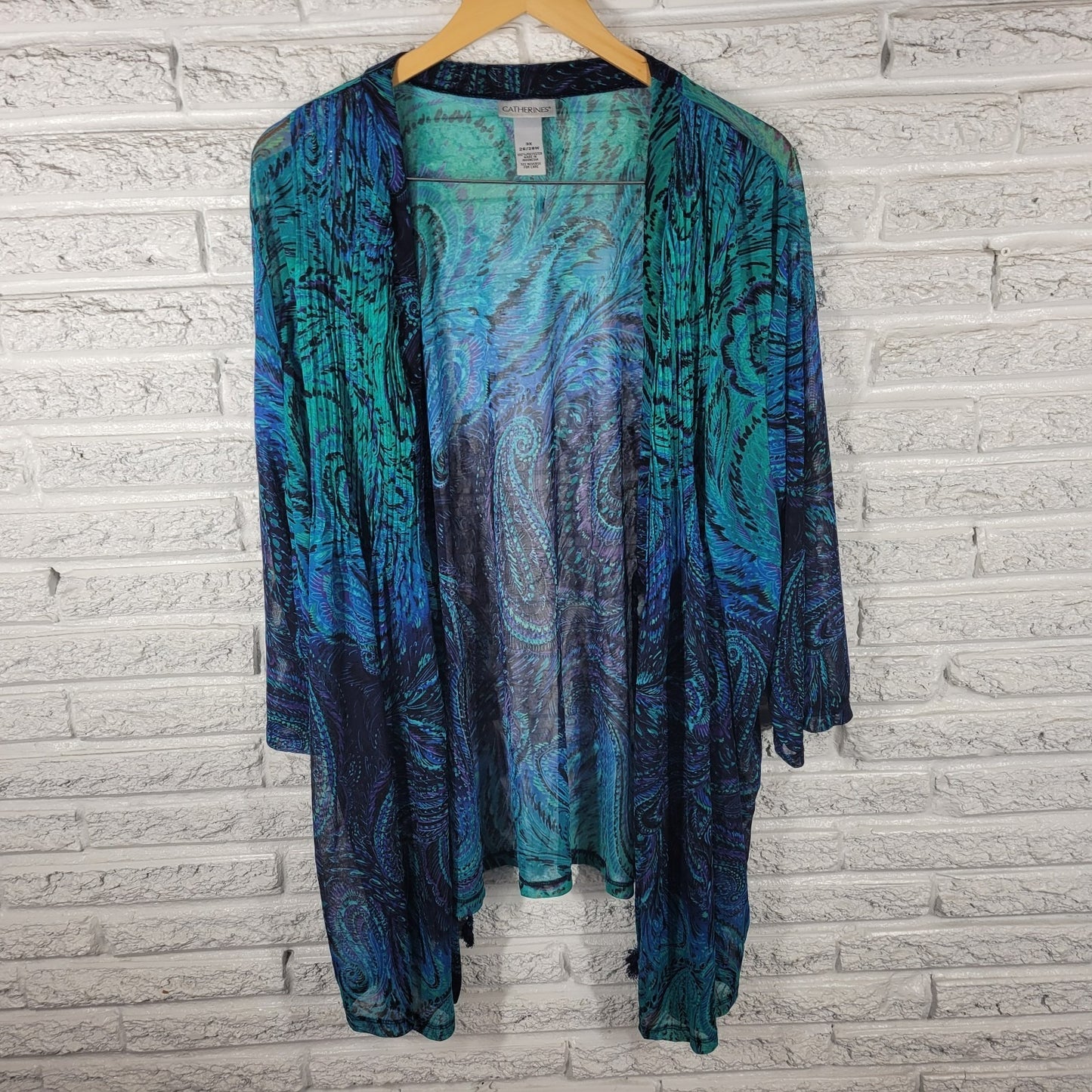Catherines Women Top 3X Plus Cardigan Open Sheer Blue Watercolor Paisley Pintuck