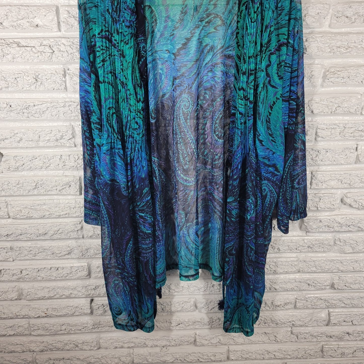 Catherines Women Top 3X Plus Cardigan Open Sheer Blue Watercolor Paisley Pintuck