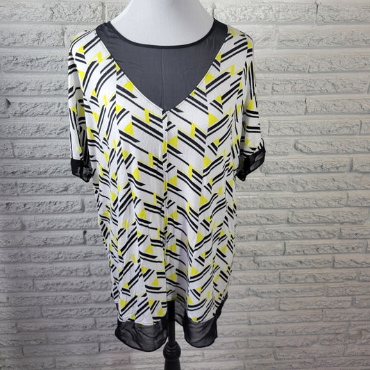 Worthington Women's XL Yellow Black Geometric Blouse Round Neck Back Zip Top