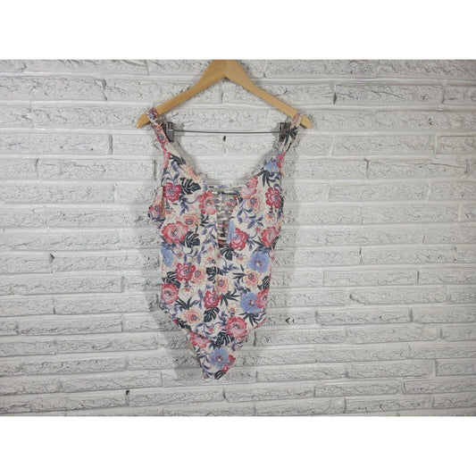 Time Tru Womens Swimsuit 1X Plus One Piece Blue Floral Lattice Plunge Bra Lined