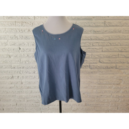 Denim & Co Womens Top 1X Plus Sleeveless Blue Cotton Embroider Pullover Casual