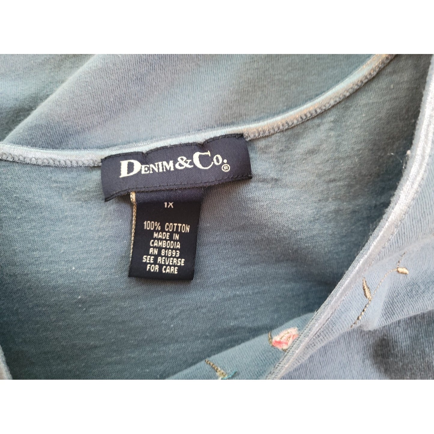 Denim & Co Womens Top 1X Plus Sleeveless Blue Cotton Embroider Pullover Casual