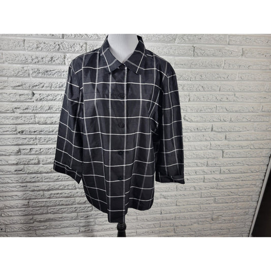 Dress Barn Womens Top 2X Plus Silk Cuff Sleeve Black Plaid Collar Button Up