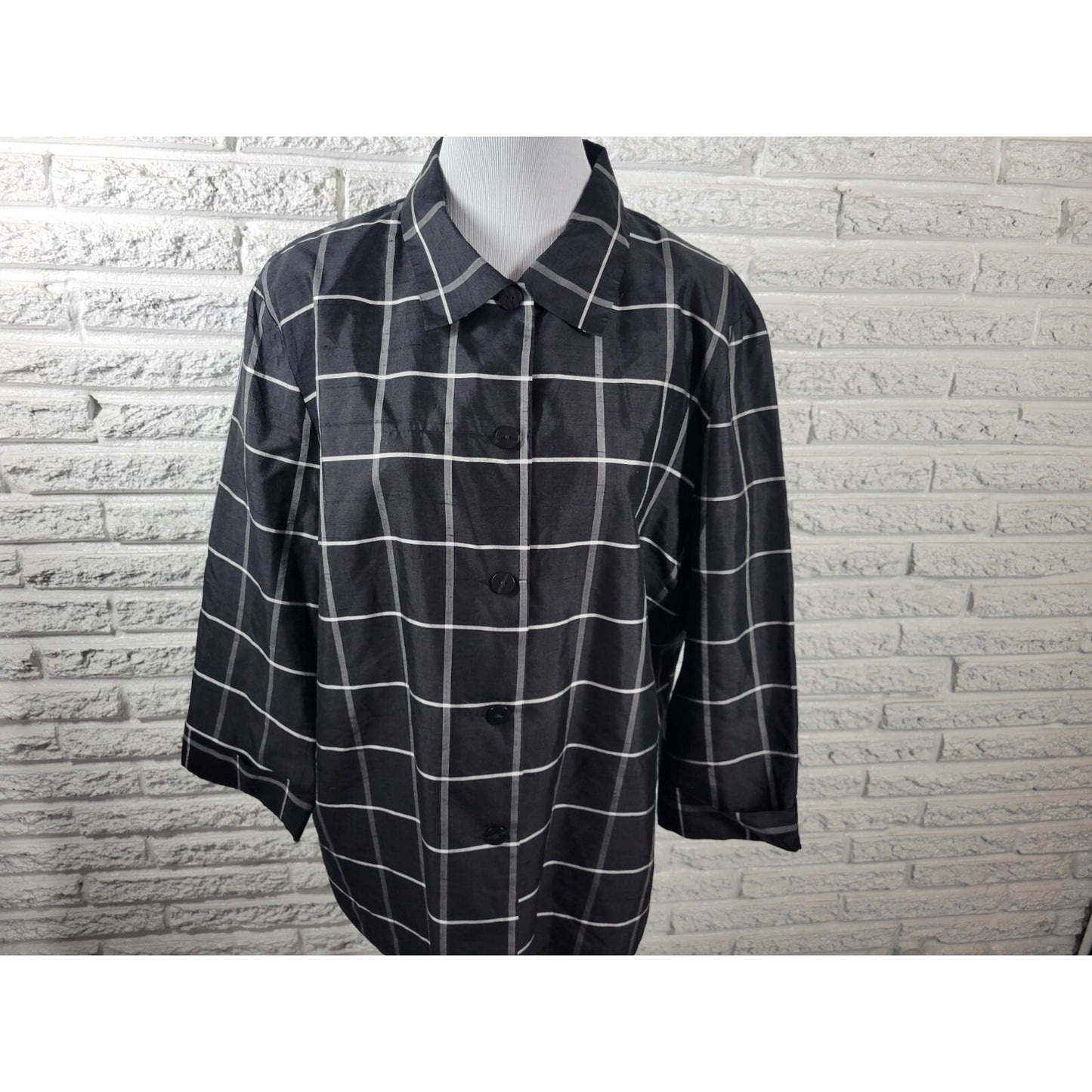 Dress Barn Womens Top 2X Plus Silk Cuff Sleeve Black Plaid Collar Button Up