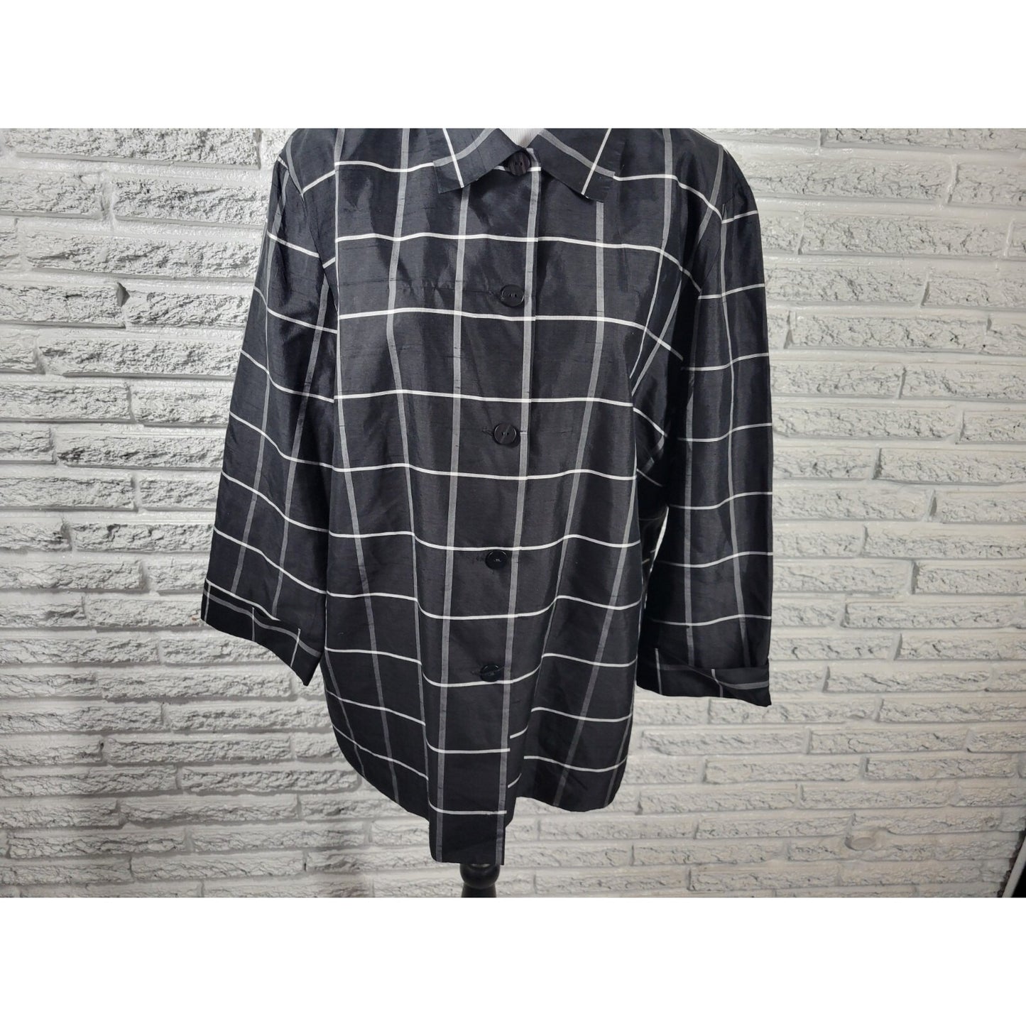 Dress Barn Womens Top 2X Plus Silk Cuff Sleeve Black Plaid Collar Button Up