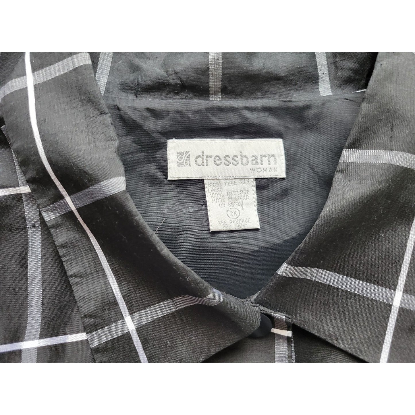 Dress Barn Womens Top 2X Plus Silk Cuff Sleeve Black Plaid Collar Button Up