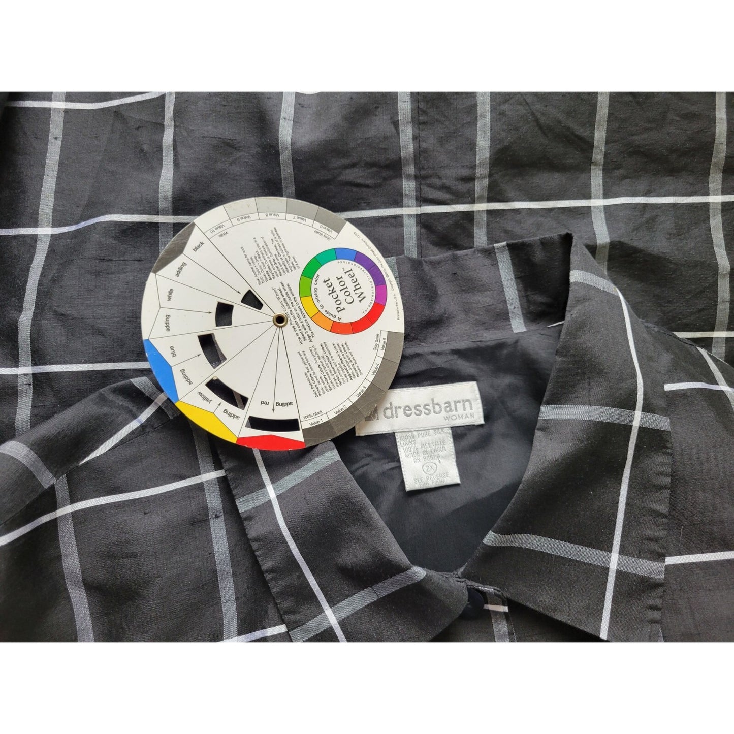 Dress Barn Womens Top 2X Plus Silk Cuff Sleeve Black Plaid Collar Button Up