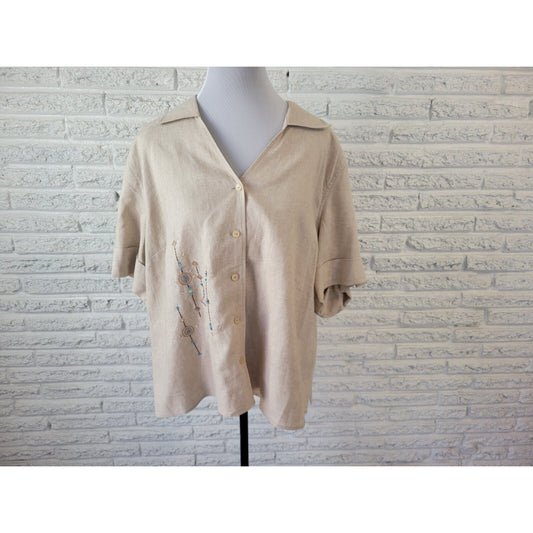 Requirements Petite Womens Shirt 2XWP Roll Tab Sleeve Button Up Embroider Beaded