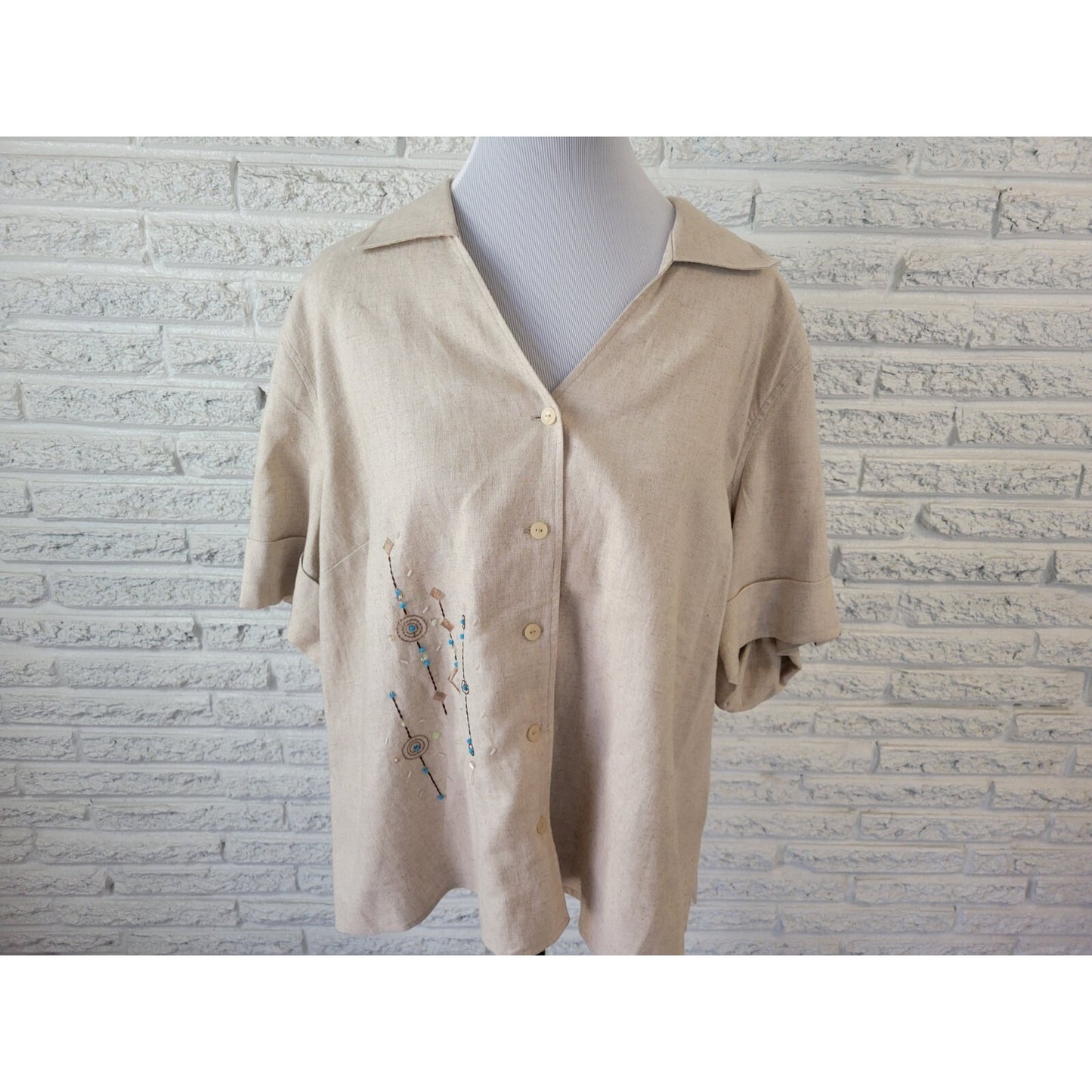 Requirements Petite Womens Shirt 2XWP Roll Tab Sleeve Button Up Embroider Beaded