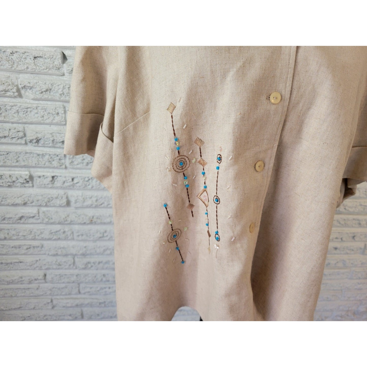 Requirements Petite Womens Shirt 2XWP Roll Tab Sleeve Button Up Embroider Beaded