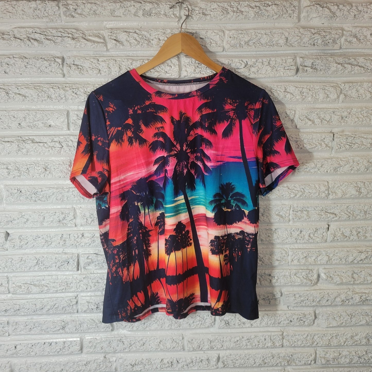 Womens Top XXL Plus Tee Short Sleeve Pink Blue Vacation Beach Scape Tropical