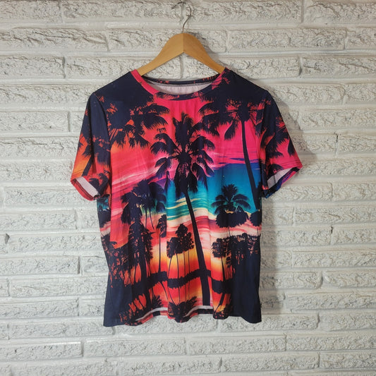 Womens Top XXL Plus Tee Short Sleeve Pink Blue Vacation Beach Scape Tropical