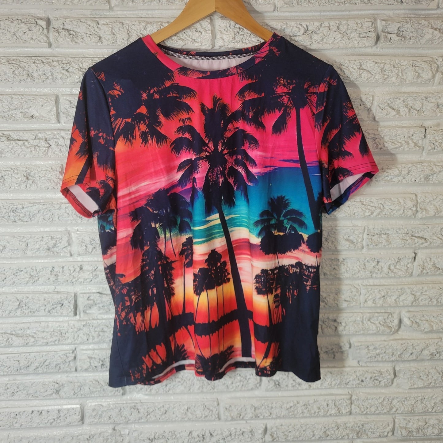 Womens Top XXL Plus Tee Short Sleeve Pink Blue Vacation Beach Scape Tropical