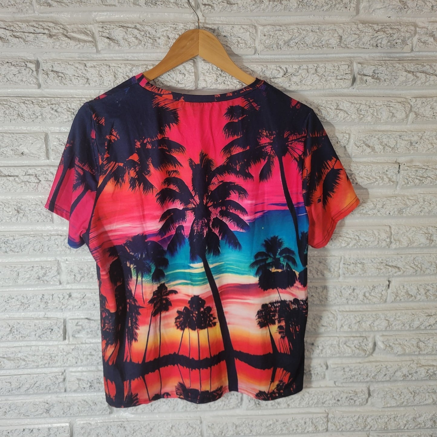 Womens Top XXL Plus Tee Short Sleeve Pink Blue Vacation Beach Scape Tropical
