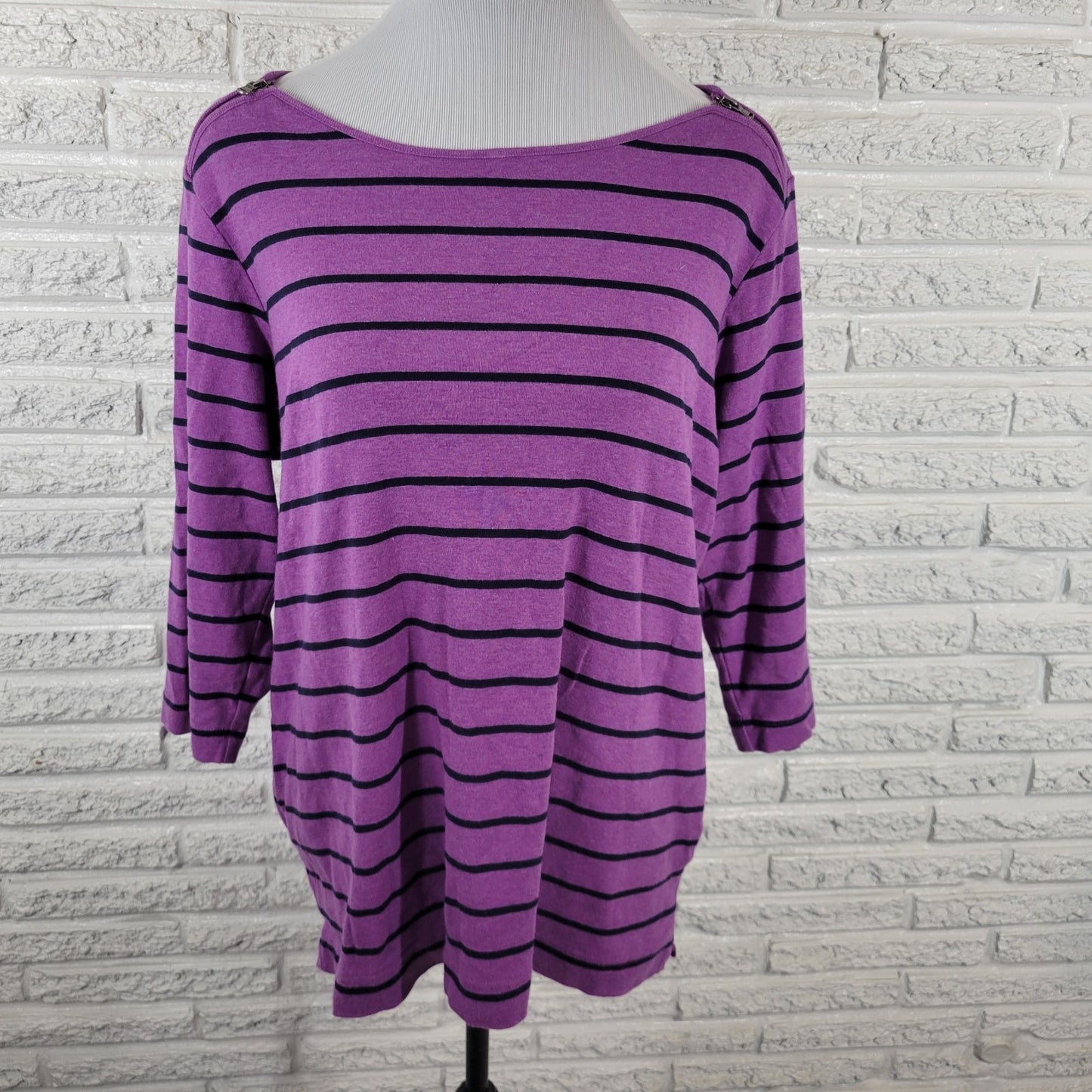 Croft Barrow Womens Top 1X Plus 3/4 Sleeve Zip Shoulders Cotton Purple Stripe