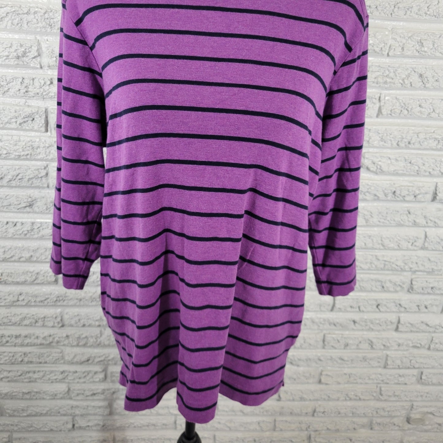 Croft Barrow Womens Top 1X Plus 3/4 Sleeve Zip Shoulders Cotton Purple Stripe