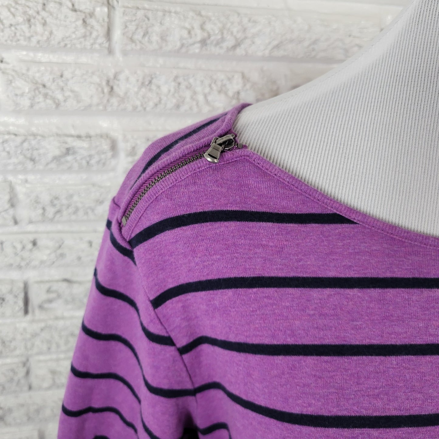 Croft Barrow Womens Top 1X Plus 3/4 Sleeve Zip Shoulders Cotton Purple Stripe