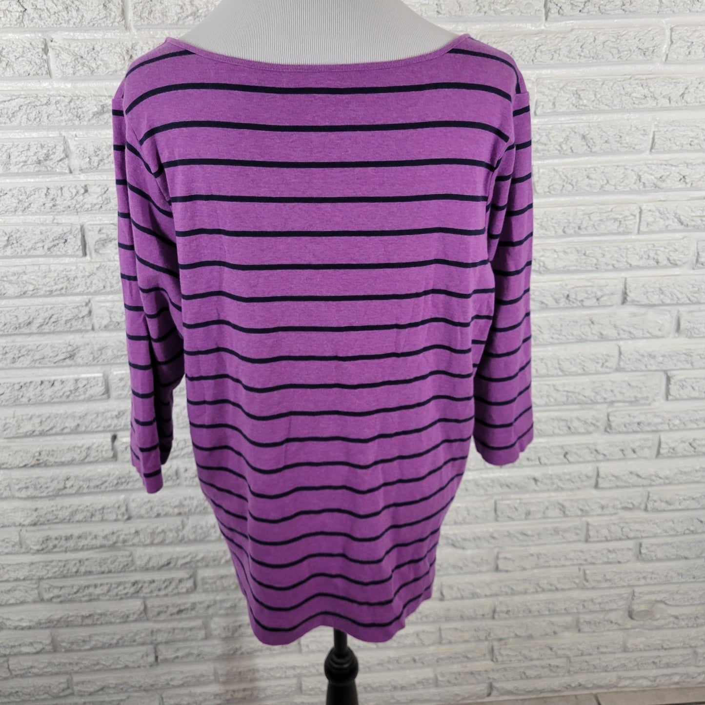 Croft Barrow Womens Top 1X Plus 3/4 Sleeve Zip Shoulders Cotton Purple Stripe