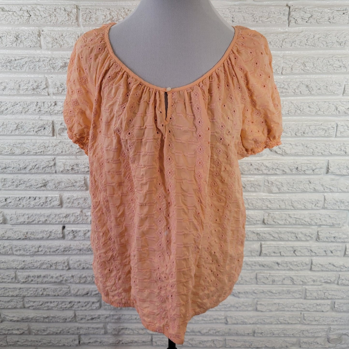 St. John's Bay 1X Plus Size Top Orange Cotton Eyelet Peasant Blouse Boat Neck