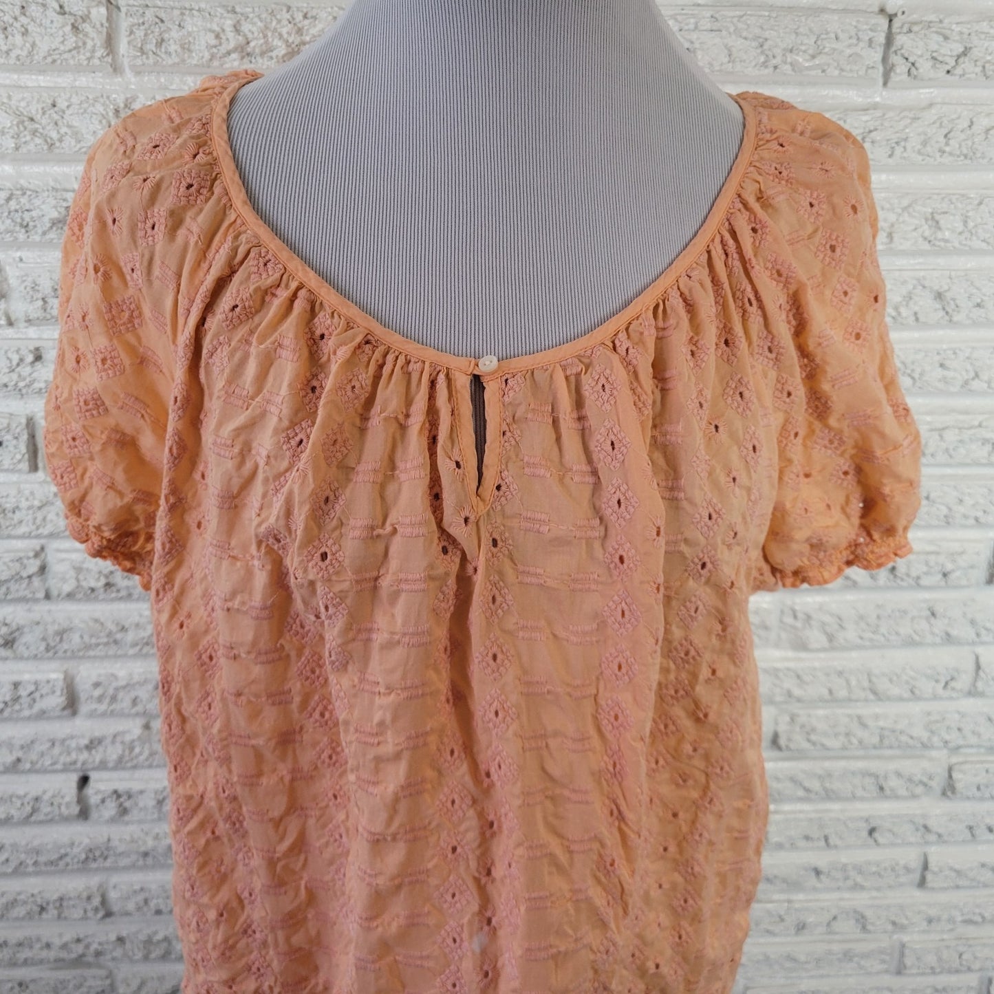 St. John's Bay 1X Plus Size Top Orange Cotton Eyelet Peasant Blouse Boat Neck