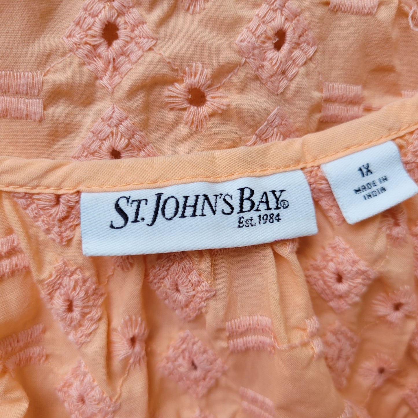 St. John's Bay 1X Plus Size Top Orange Cotton Eyelet Peasant Blouse Boat Neck