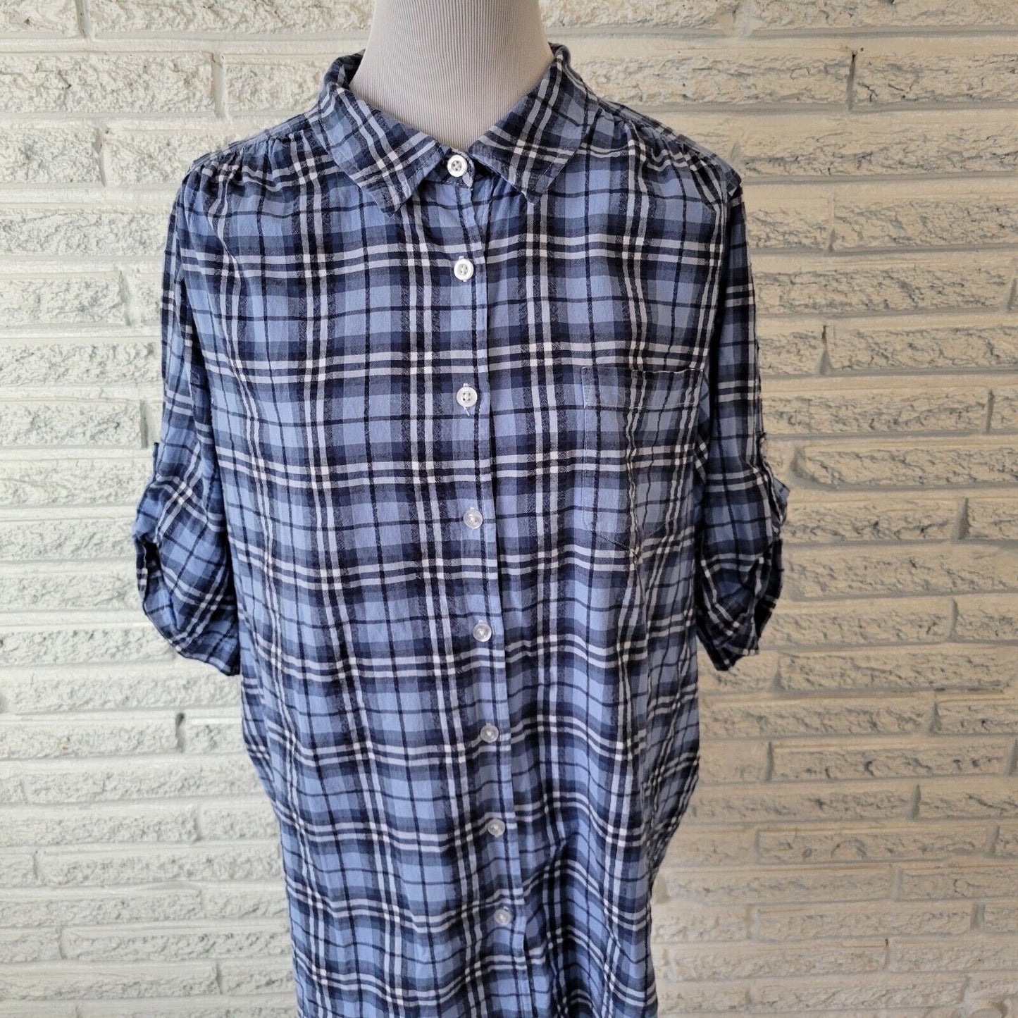 Woman Within Women Top 1X 22 24 Short Sleeve Blue White Plaid Lightweight Cotton