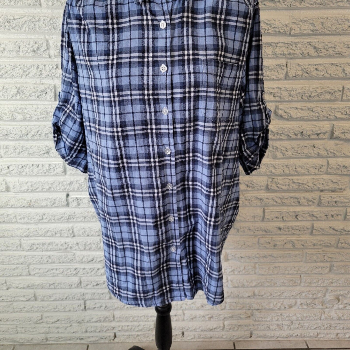 Woman Within Women Top 1X 22 24 Short Sleeve Blue White Plaid Lightweight Cotton