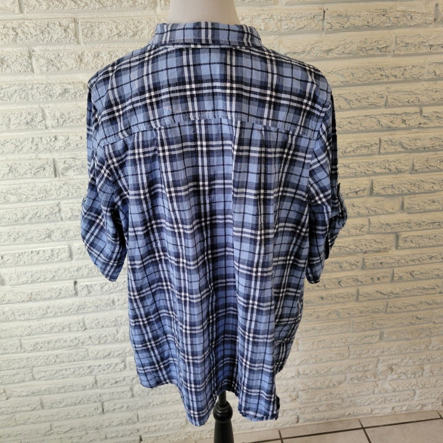 Woman Within Women Top 1X 22 24 Short Sleeve Blue White Plaid Lightweight Cotton