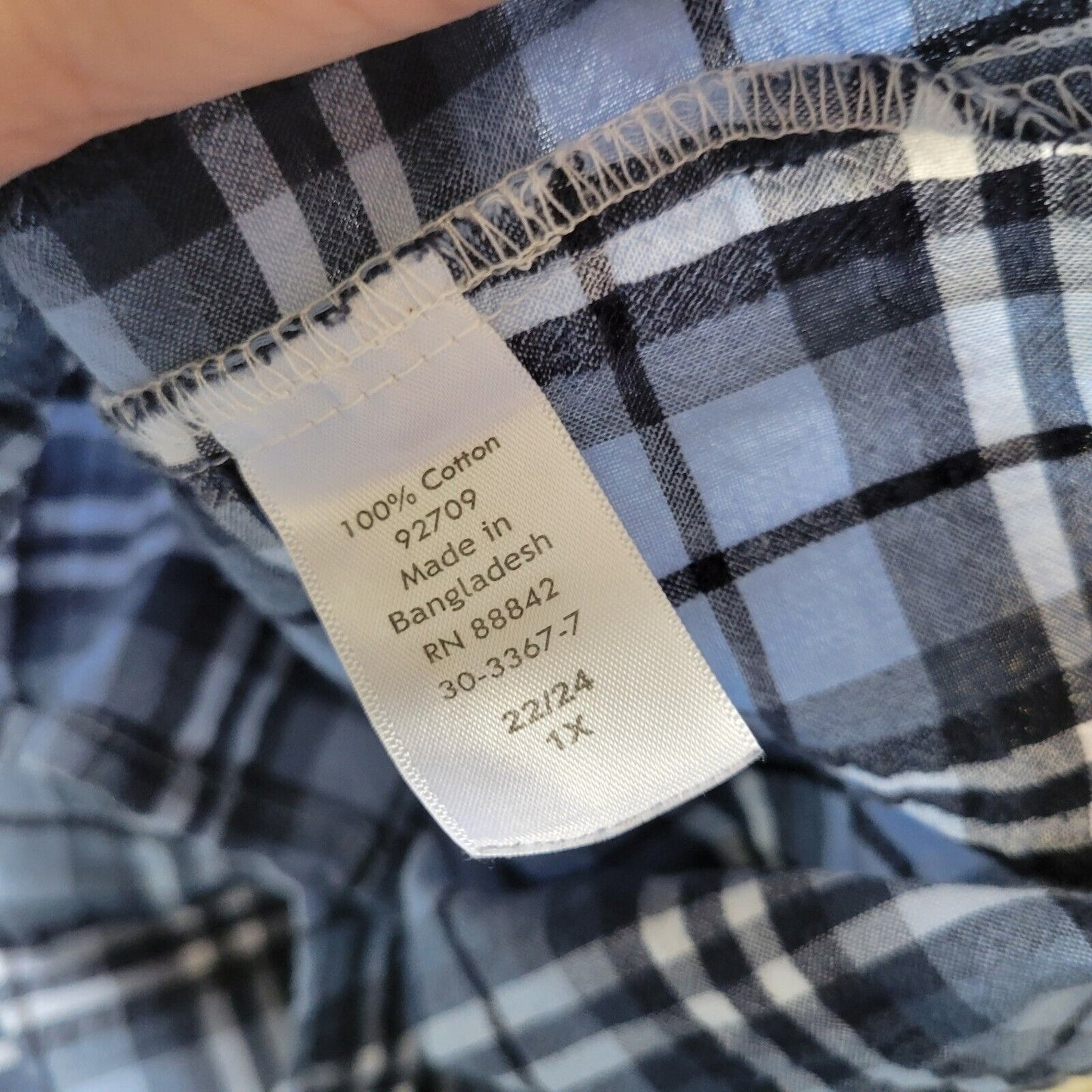 Woman Within Women Top 1X 22 24 Short Sleeve Blue White Plaid Lightweight Cotton