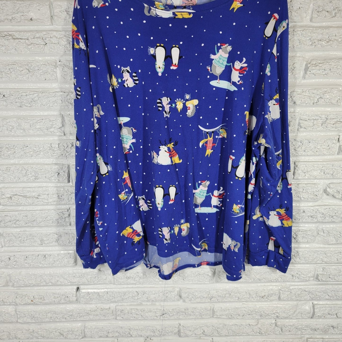 Secret Treasures Womens Pajama Top 3X Plus Poly Blend Blue Animals Winter Comfy