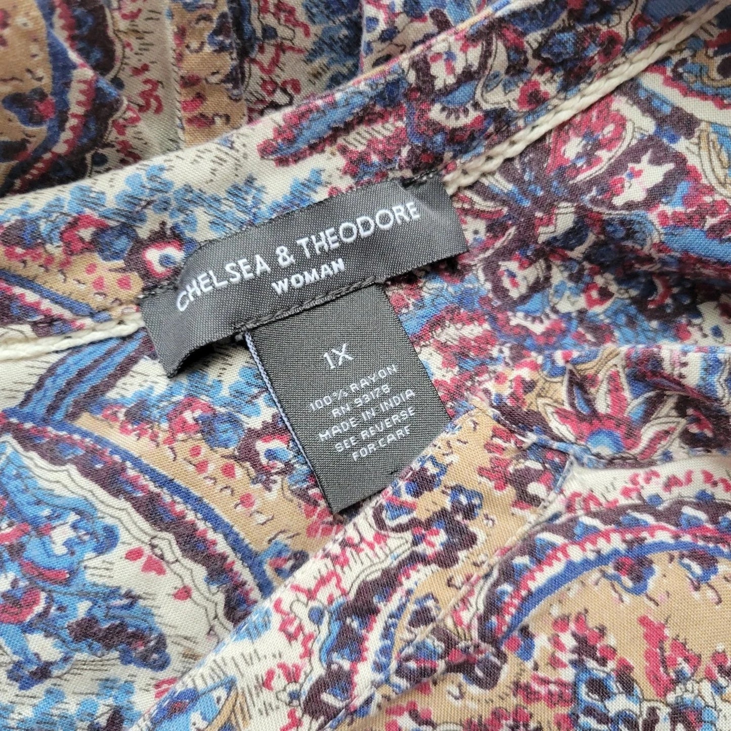 Chelsea & Theodore Women's 1X Button-Up Top Blouse Paisley Print 3/4 Sleeve