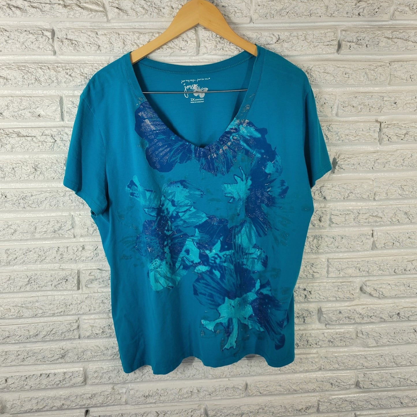 Just My Size Womens Top 2X Plus Tee Short Sleeve Blue Floral Glitter Cotton