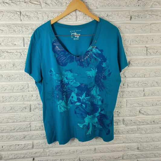 Just My Size Womens Top 2X Plus Tee Short Sleeve Blue Floral Glitter Cotton