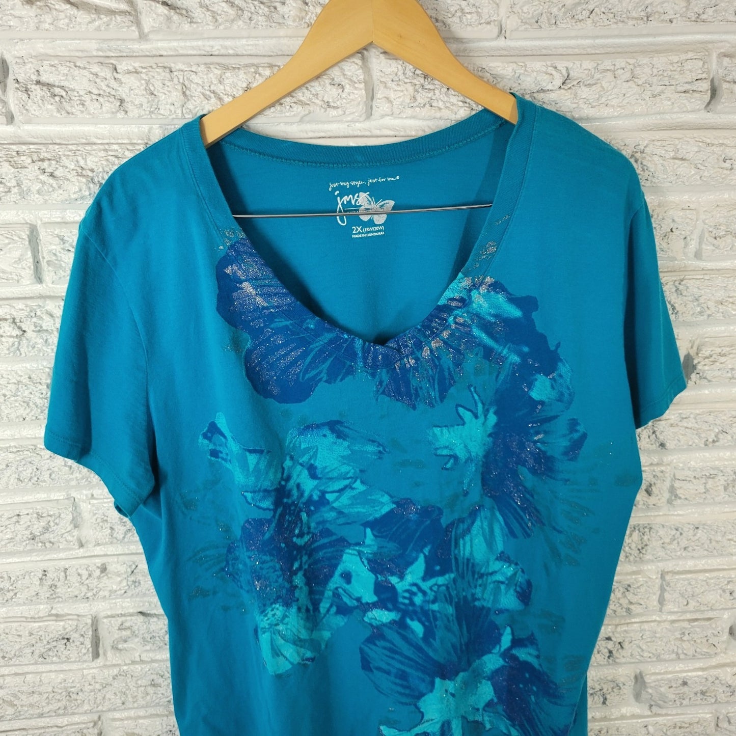 Just My Size Womens Top 2X Plus Tee Short Sleeve Blue Floral Glitter Cotton