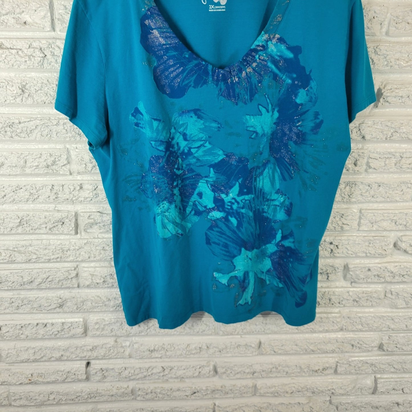 Just My Size Womens Top 2X Plus Tee Short Sleeve Blue Floral Glitter Cotton