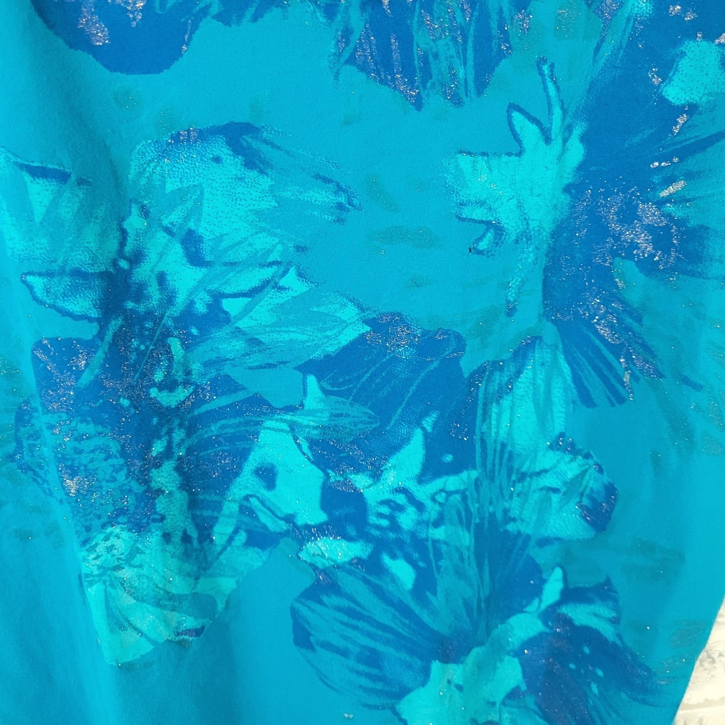 Just My Size Womens Top 2X Plus Tee Short Sleeve Blue Floral Glitter Cotton