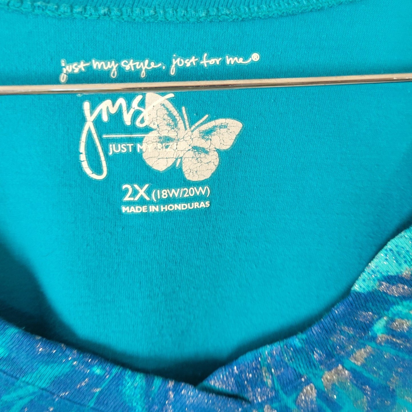 Just My Size Womens Top 2X Plus Tee Short Sleeve Blue Floral Glitter Cotton