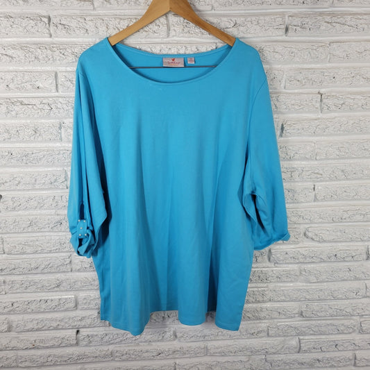 Quacker Factory Womens Top 3X Plus Tunic Roll Tab Sleeve Faux Pearls Blue