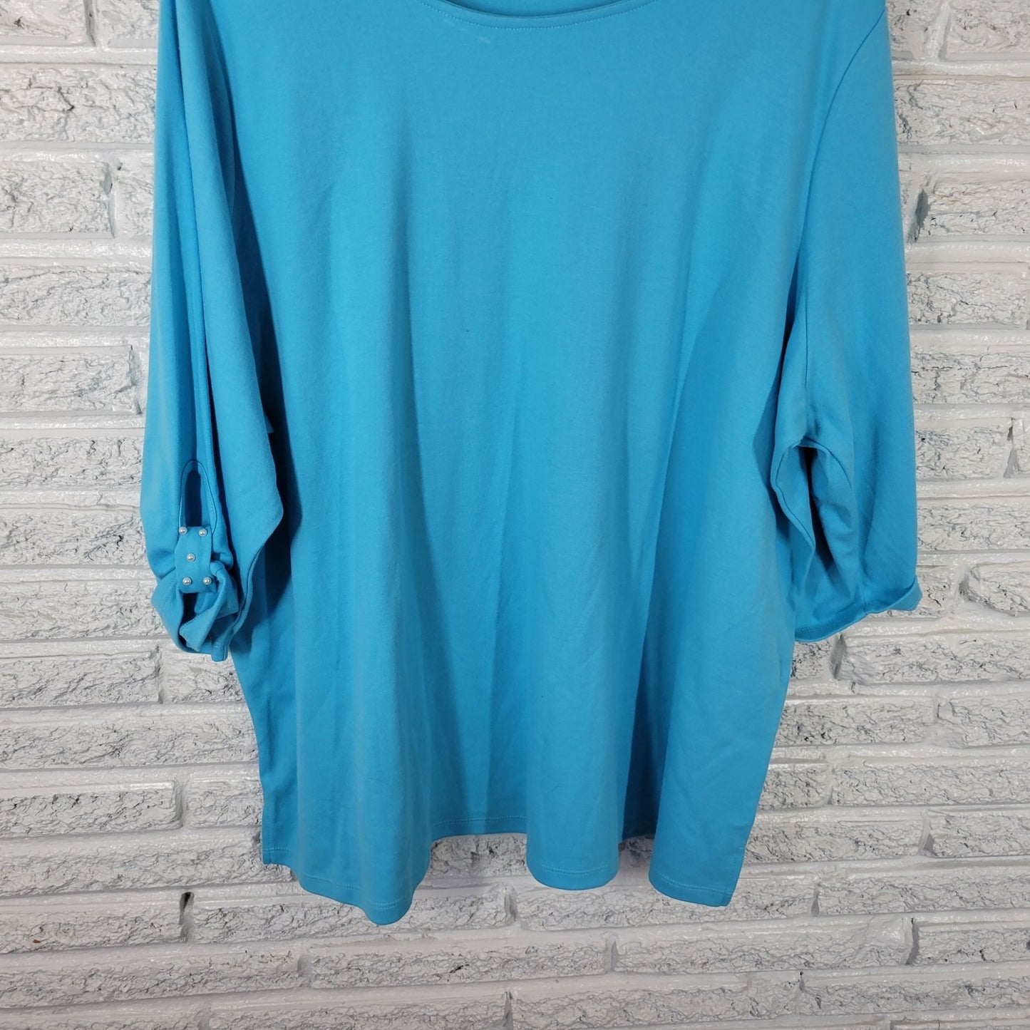 Quacker Factory Womens Top 3X Plus Tunic Roll Tab Sleeve Faux Pearls Blue