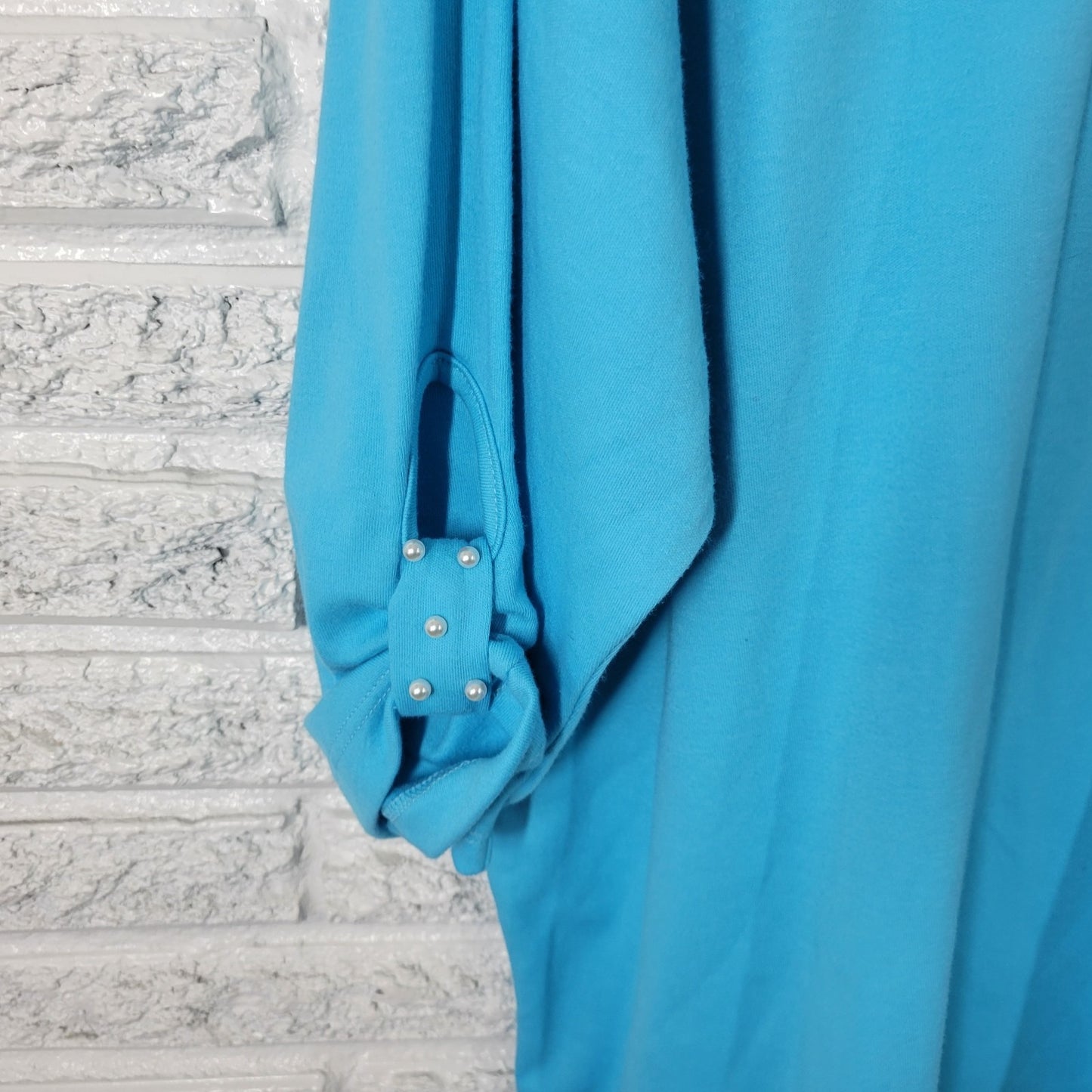 Quacker Factory Womens Top 3X Plus Tunic Roll Tab Sleeve Faux Pearls Blue