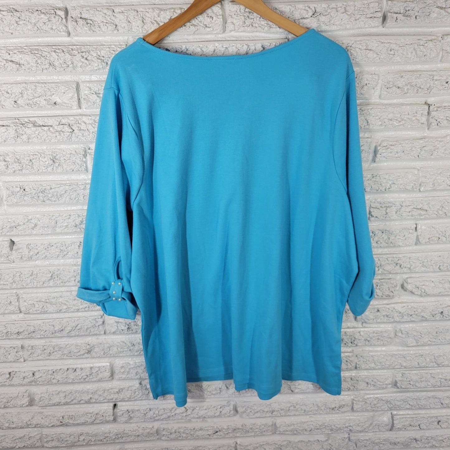 Quacker Factory Womens Top 3X Plus Tunic Roll Tab Sleeve Faux Pearls Blue