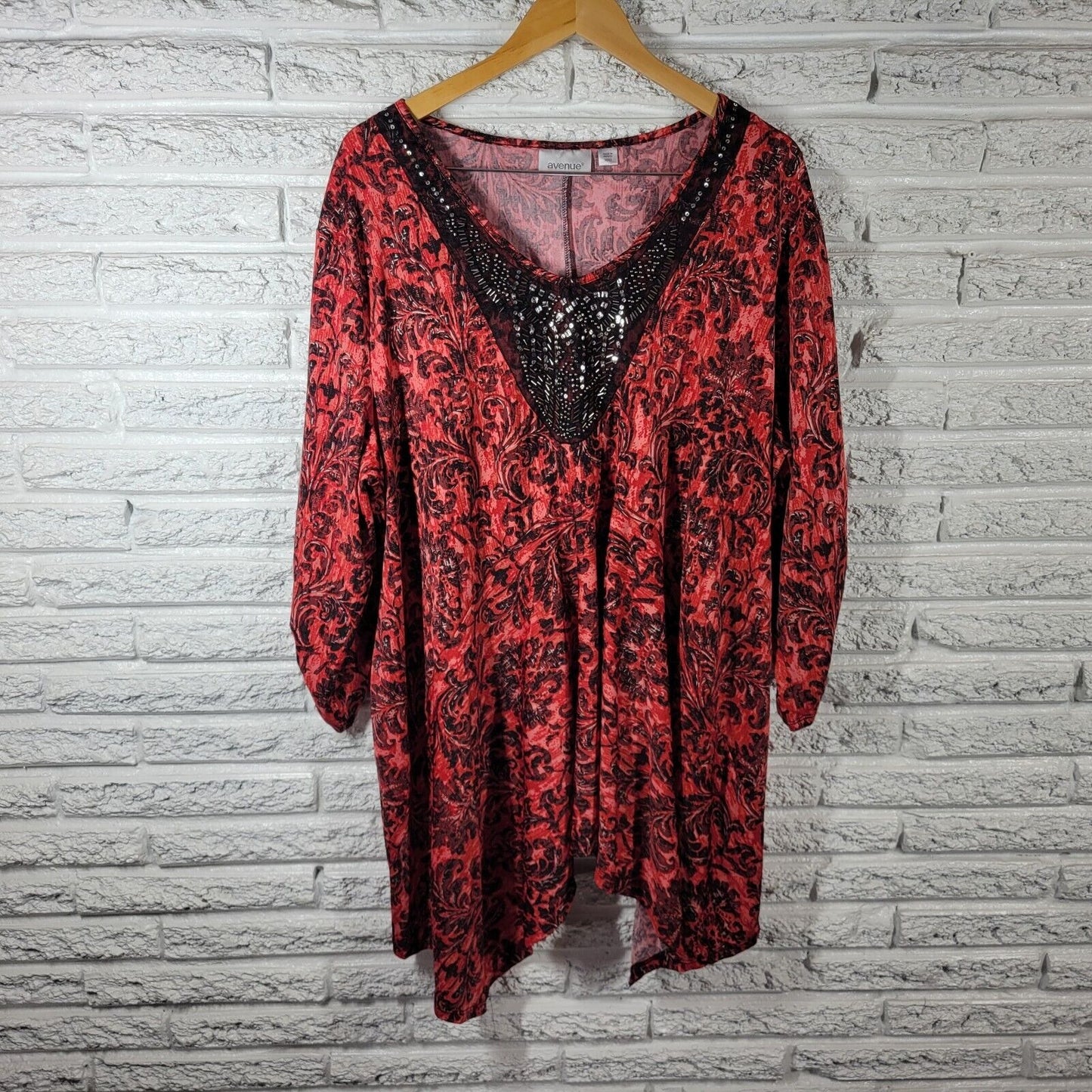 Avenue Womens Top 30 32 Tunic Ruched Sleeve Red Damask Asymmetric Beads Sequin
